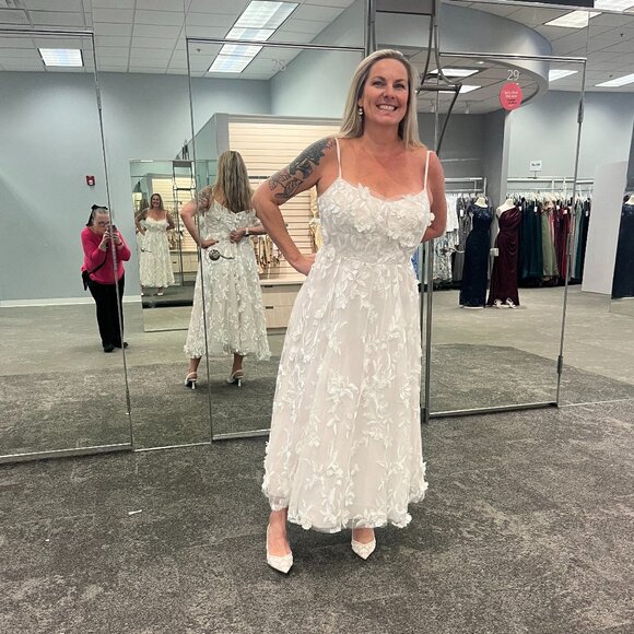 Floral Applique Tea-Length Dress STYLE # SDWG1240 - Picture 2 of 5